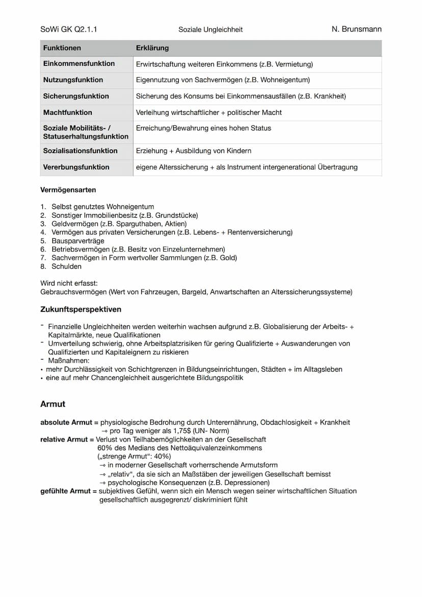 SoWi GK Q2.1.1
Definition
●
3 Voraussetzungen, um (un)vorteilhafte Lebensbedingungen als ,,soziale Ungleichheit" zu
bezeichnen:
• wertvoll: 