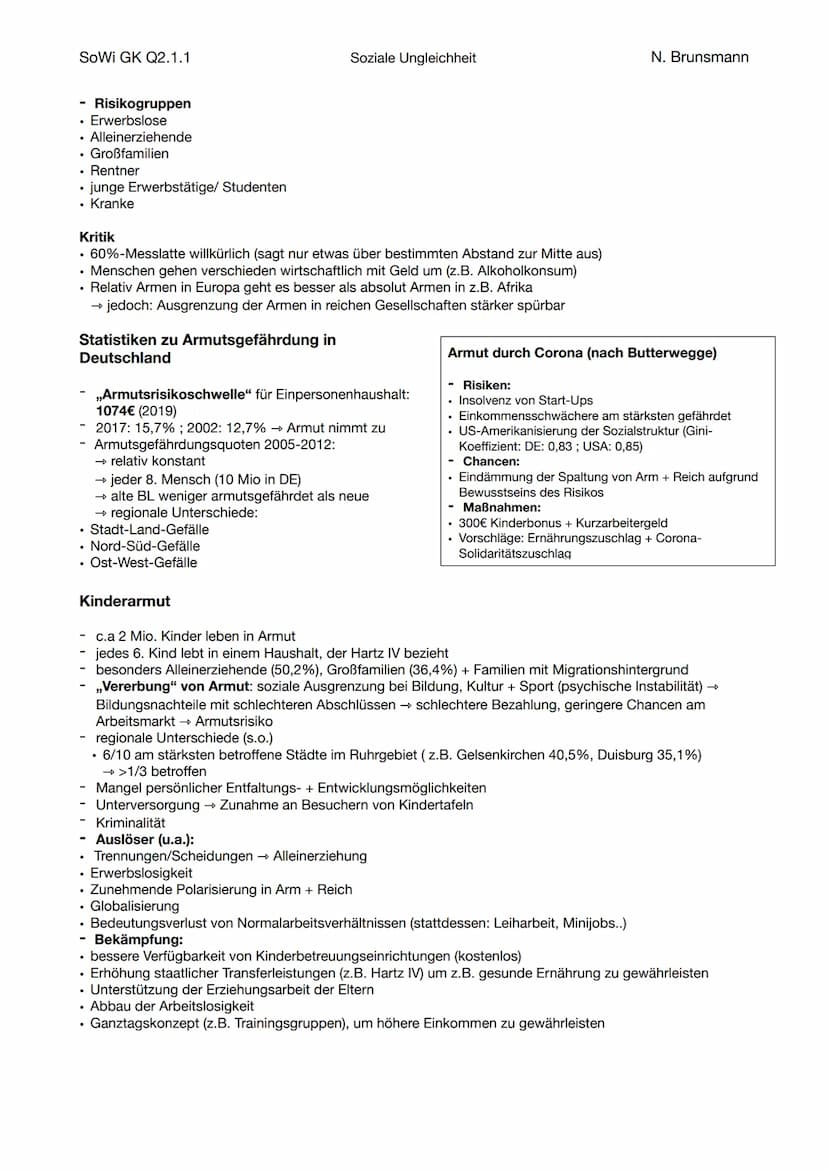 SoWi GK Q2.1.1
Definition
●
3 Voraussetzungen, um (un)vorteilhafte Lebensbedingungen als ,,soziale Ungleichheit" zu
bezeichnen:
• wertvoll: 
