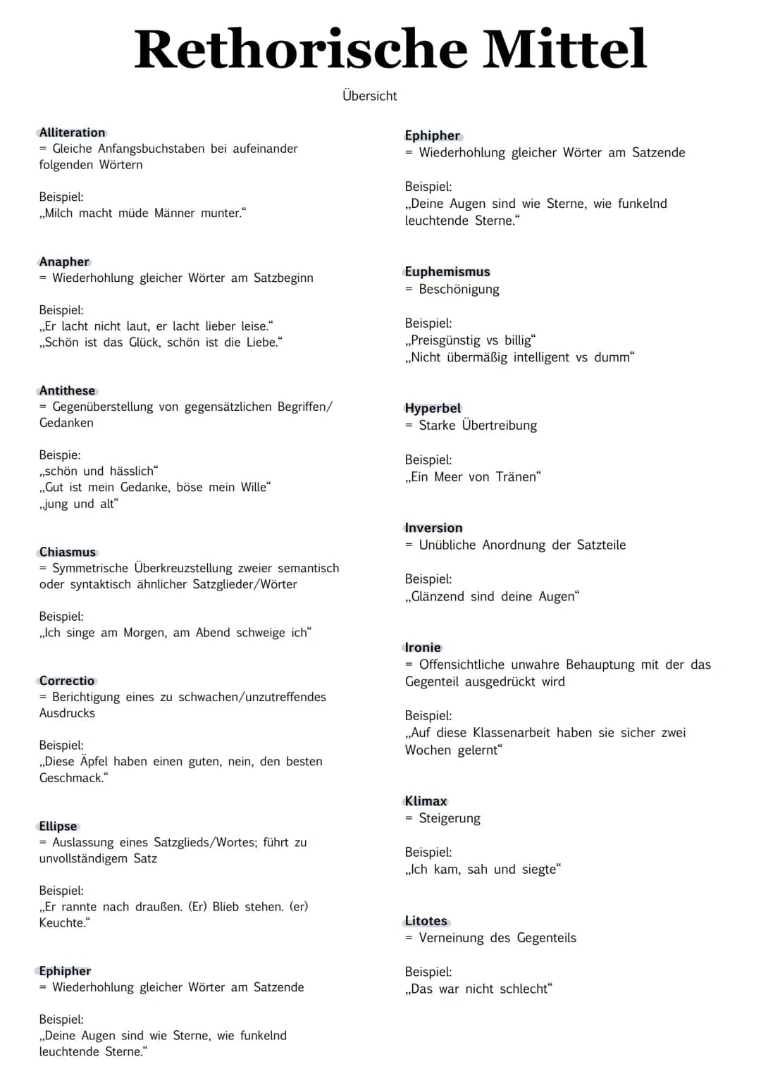Rethorische Mittel
Alliteration
= Gleiche Anfangsbuchstaben bei aufeinander
folgenden Wörtern
Beispiel:
,,Milch macht müde Männer munter."
A