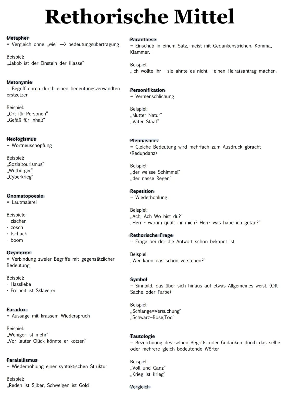 Rethorische Mittel
Alliteration
= Gleiche Anfangsbuchstaben bei aufeinander
folgenden Wörtern
Beispiel:
,,Milch macht müde Männer munter."
A