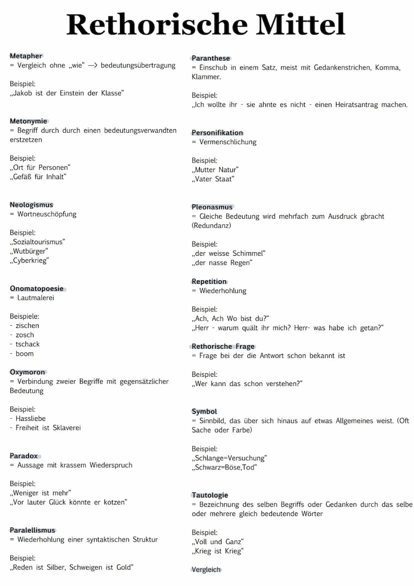 Rethorische Mittel
Alliteration
= Gleiche Anfangsbuchstaben bei aufeinander
folgenden Wörtern
Beispiel:
,,Milch macht müde Männer munter."
A
