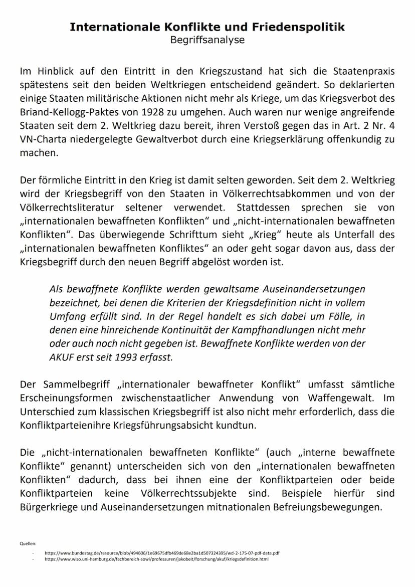 Internationale Konflikte und Friedenspolitik
Begriffsanalyse
Konflikt
Interpretation
Interessensgegensätze
Missverständnisse
Gefühle
Wertevo