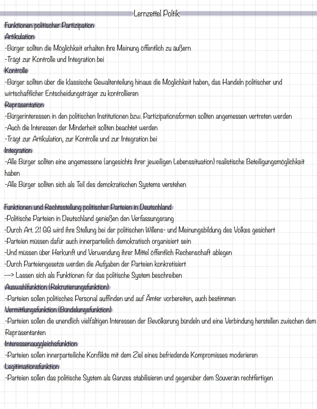 Funktionen politischer Partizipation
Artikulation
Lernzettel Poltik
-Bürger sollten die Möglichkeit erhalten ihre Meinung öffentlich zu äuße