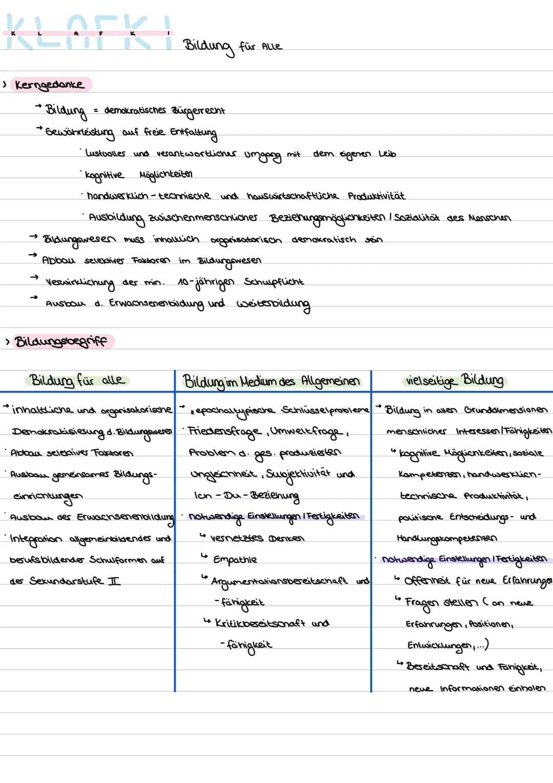 KLAPK
> Kerngedanke
→ Bildung = demokratisches Bürgerrecht
→Gewährleistung auf freie Entfaltung
Bildung für Alle
• Lustvoller und verantwort