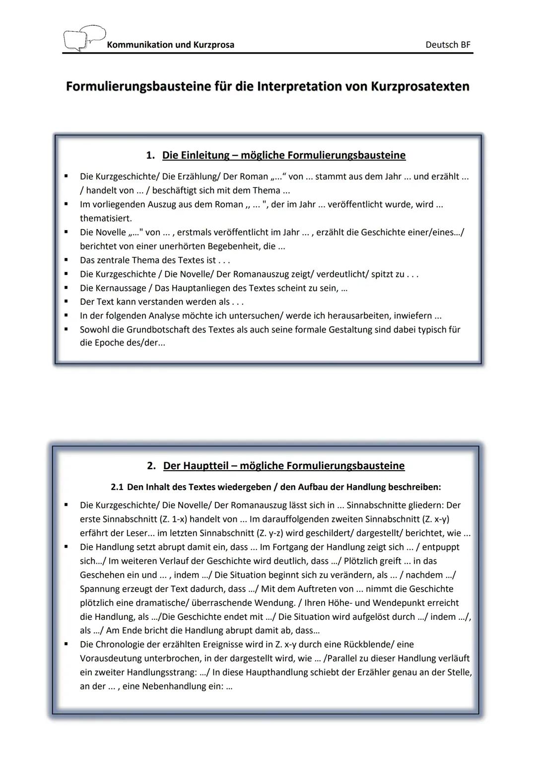 Formulierungshilfen für einen Interpretationsaufsatz von Kurzprosa 