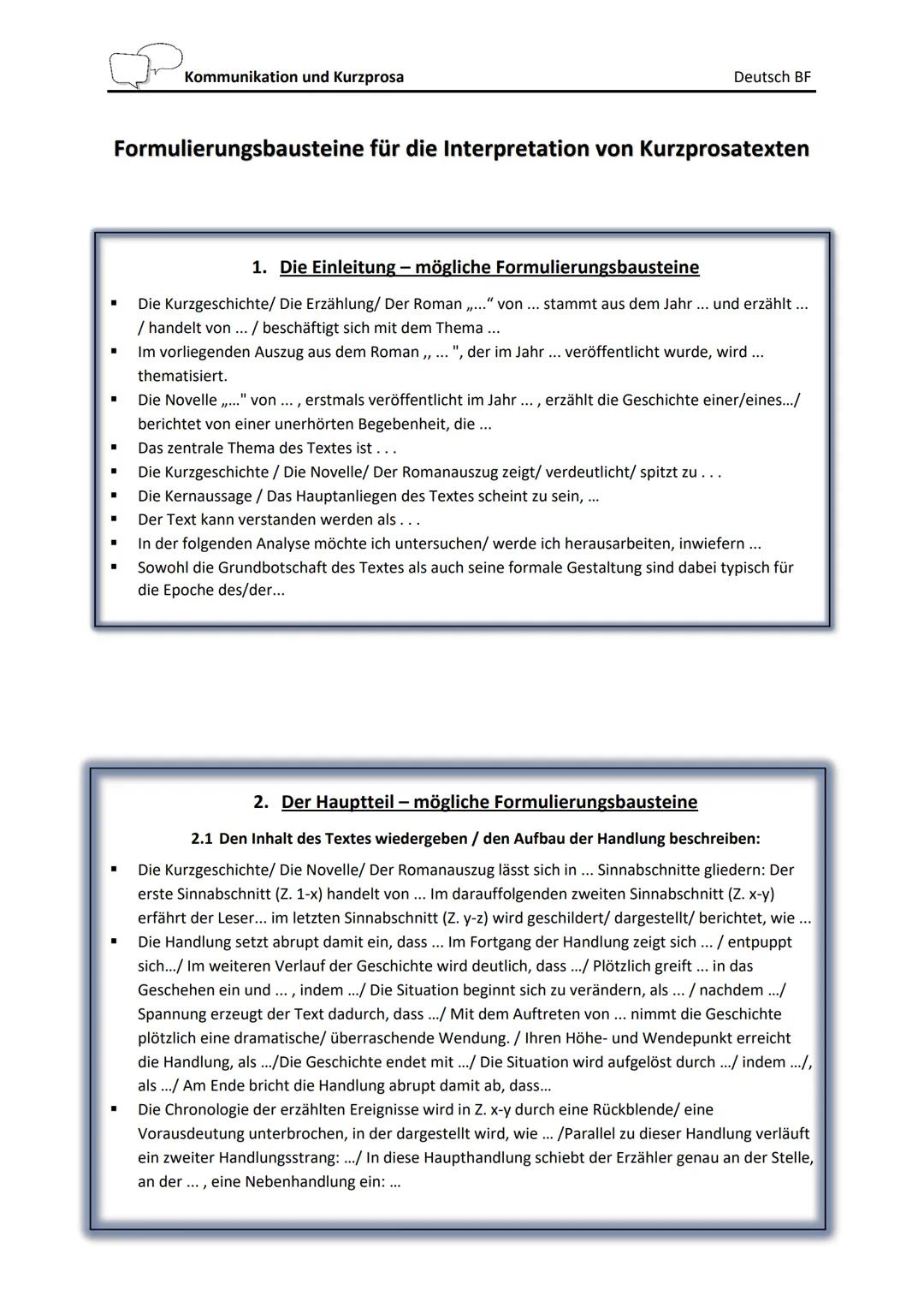 ■
Formulierungsbausteine für die Interpretation von Kurzprosatexten
■
I
I
■
Kommunikation und Kurzprosa
■
Deutsch BF
1. Die Einleitung mögli