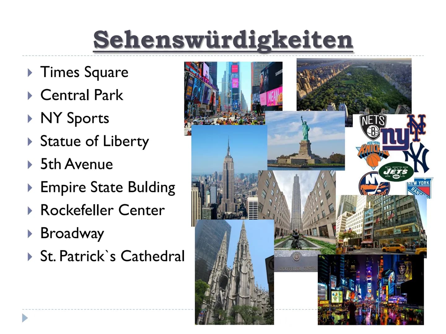 New York
„größte Stadt der USA" Gliederung
Lage
► Fakten
‣ Geschichte von New York City
▶ Sehenswürdigkeiten Lage
▸ 41°nördliche Breite / 74