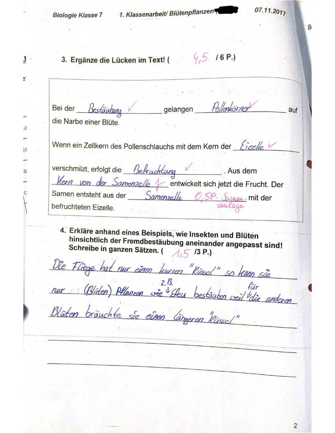 Biologie Klasse 7
f)
g)
e)
Name: Elisa
1. Nenne die Grundorgane einer Blütenpflanze von oben nach unten!
(22 P.)
Blüte, Sprossachse mit Blät