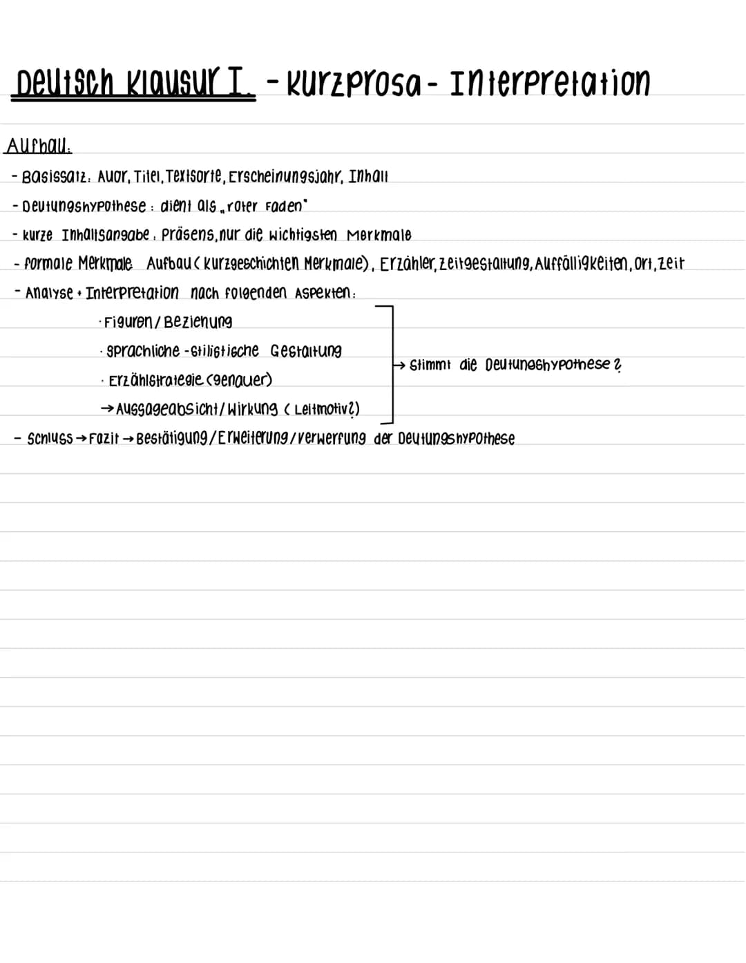 Deutsch Klausur I. - kurzprosa - Interpretation
Aufbau.
Basissatz. Auor, Titel, Textsorte, Erscheinungsjahr, Inhalt
- Deutungshypothese dien