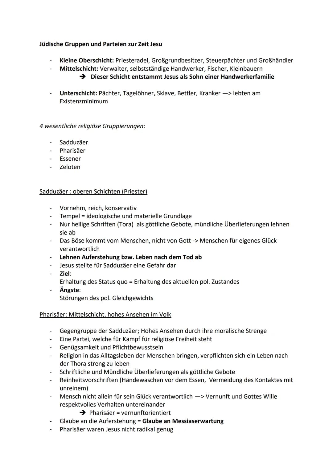 Jüdische Gruppen und Parteien zur Zeit Jesu
Kleine Oberschicht: Priesteradel, Großgrundbesitzer, Steuerpächter und Großhändler
Mittelschicht