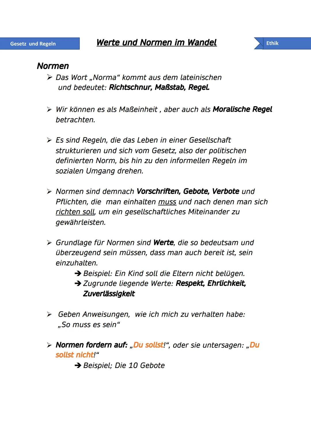 Gesetz und Regeln
Werte und Normen im Wandel
Normen
➤ Das Wort ,,Norma" kommt aus dem lateinischen
und bedeutet: Richtschnur, Maßstab, Regel