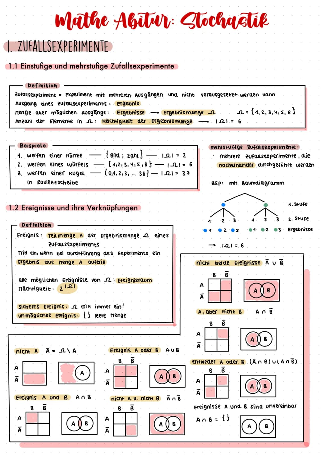 1. ZUFALLSEXPERIMENTE
1.1 Einstufige und mehrstufige Zufallsexperimente
Definition
Zufallsexperiment = Experiment mit mehreren Ausgängen und