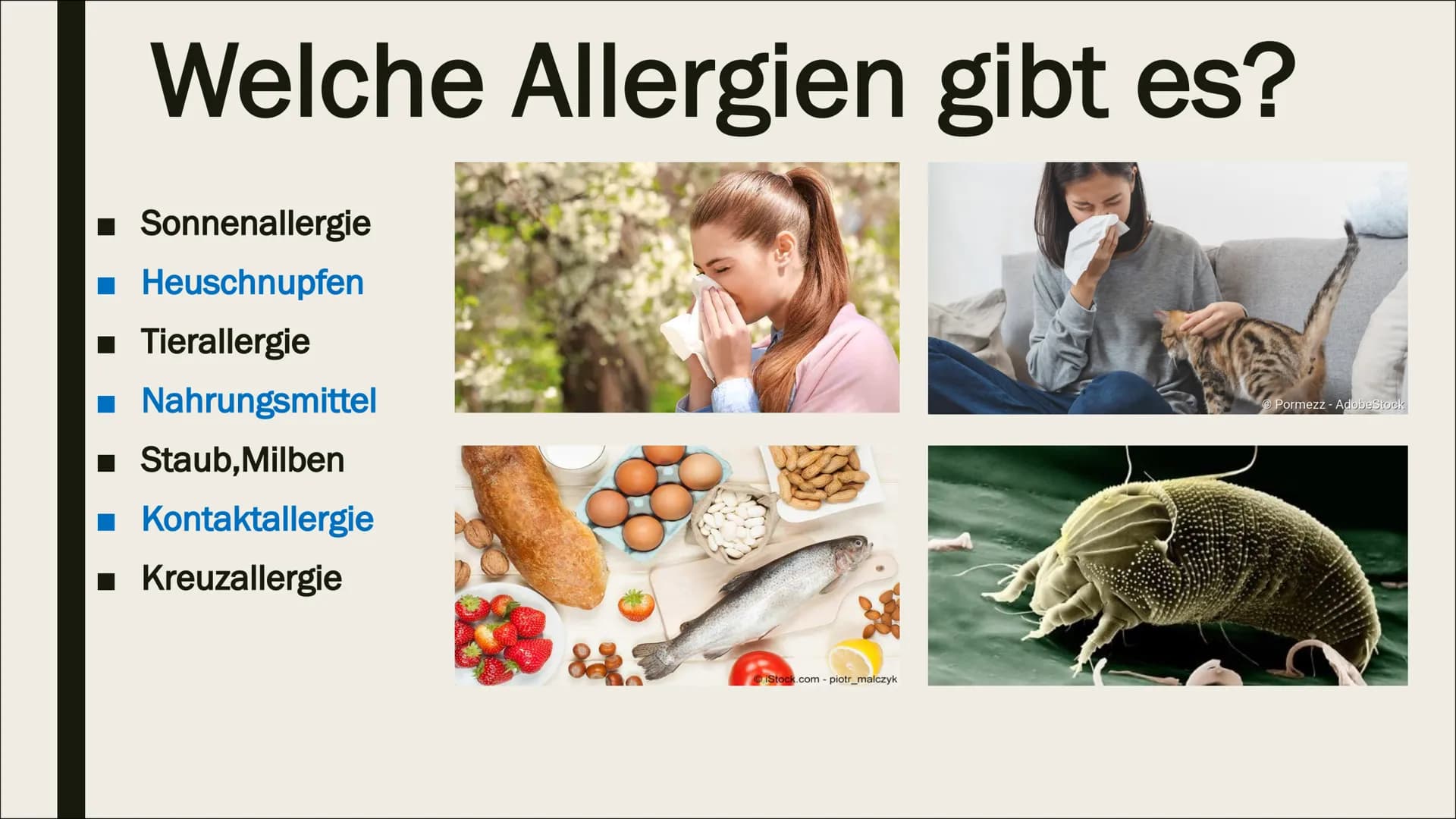 BIOLOGIE-ALLERGIE Gliederung
1. Was ist eine Allergie?
2. Wie entsteht eine Allergie?
3. Wie stelle ich eine Allergie fest?
4. Verschiedene 