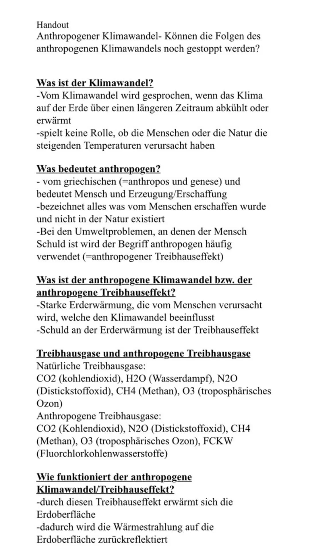 Handout
Anthropogener Klimawandel- Können die Folgen des
anthropogenen Klimawandels noch gestoppt werden?
Was ist der Klimawandel?
-Vom Klim