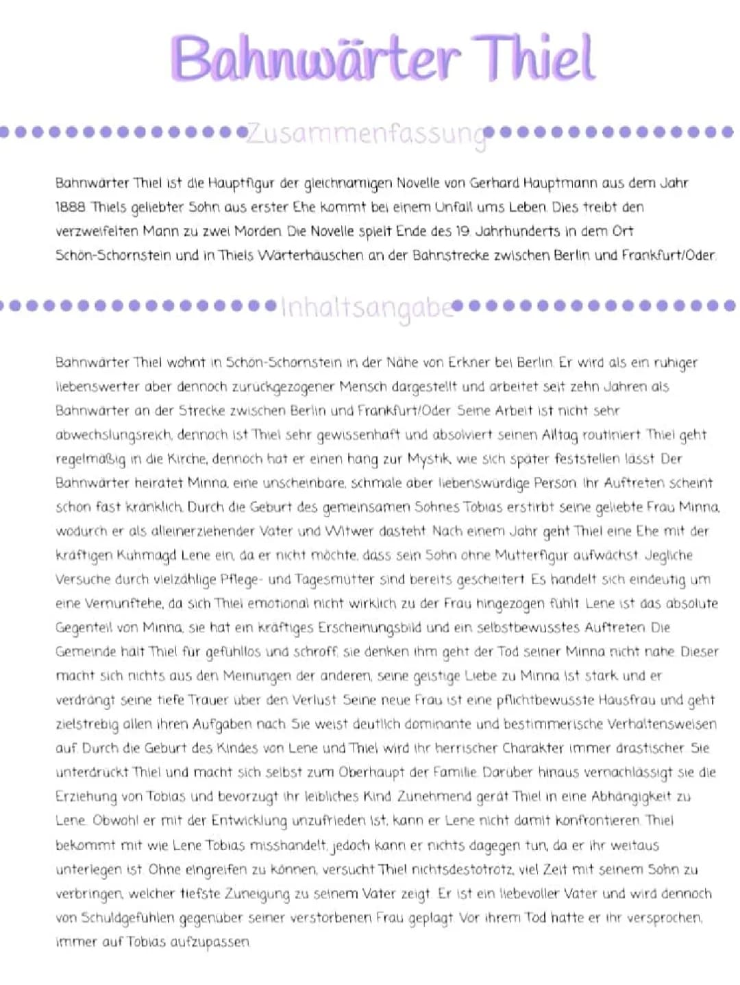 Bahnwärter Thiel Zusammenfassungen: Kapitel 1, 2 und 3 - PDF, Charakterisierungen und Epoche