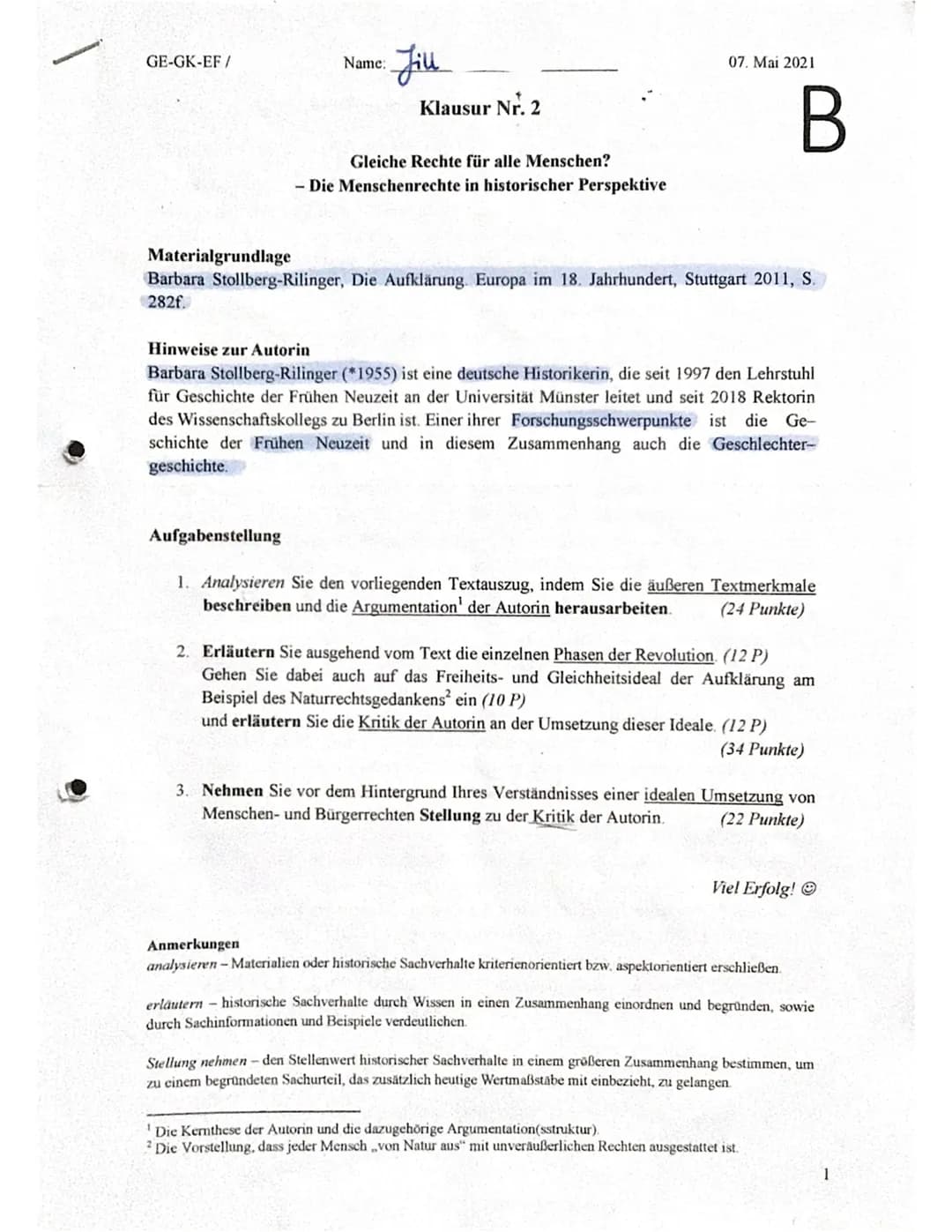 GE-GK-EF/
Materialgrundlage
Name:
Jiu
Aufgabenstellung
Klausur Nr. 2
Gleiche Rechte für alle Menschen?
- Die Menschenrechte in historischer 