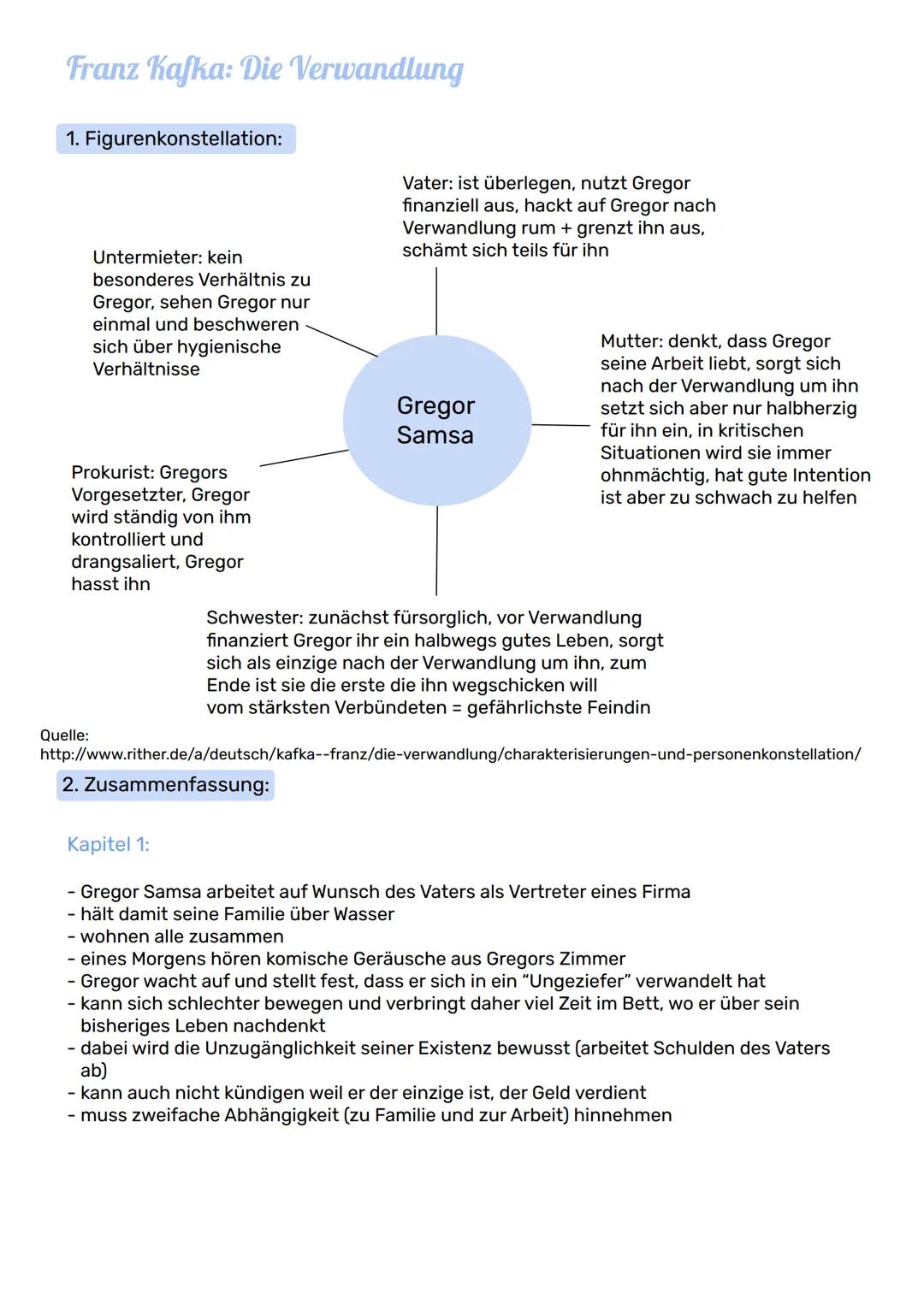 # Franz Kafka: Die Verwandlung

1. Figurenkonstellation:

Untermieter: kein
besonderes Verhältnis zu
Gregor, sehen Gregor nur
einmal und bes