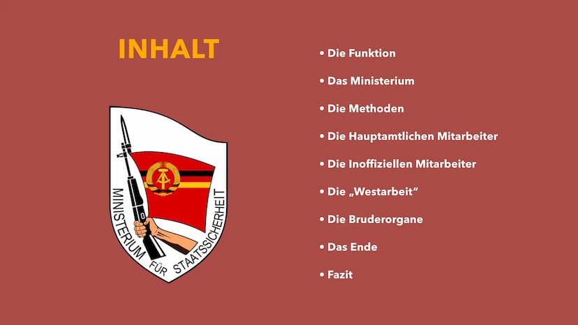 Geschichte der DDR
MINISTERIUM FÜR
STAATSSICHERHEIT
MINISTERIUM
A
ERIUM FÜR
STAATSSICHERHEIT INHALT
MINISTERIUM
0
A
ERIUM FÜR
STAATSSICH
• D