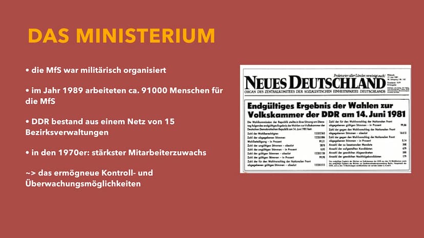 Geschichte der DDR
MINISTERIUM FÜR
STAATSSICHERHEIT
MINISTERIUM
A
ERIUM FÜR
STAATSSICHERHEIT INHALT
MINISTERIUM
0
A
ERIUM FÜR
STAATSSICH
• D