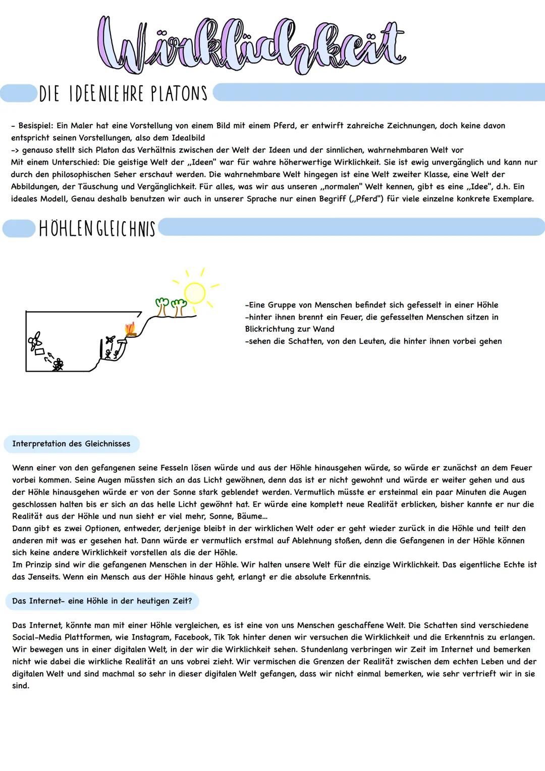 Wirklachbeit
DIE IDEENLEHRE PLATONS
- Besispiel: Ein Maler hat eine Vorstellung von einem Bild mit einem Pferd, er entwirft zahreiche Zeichn
