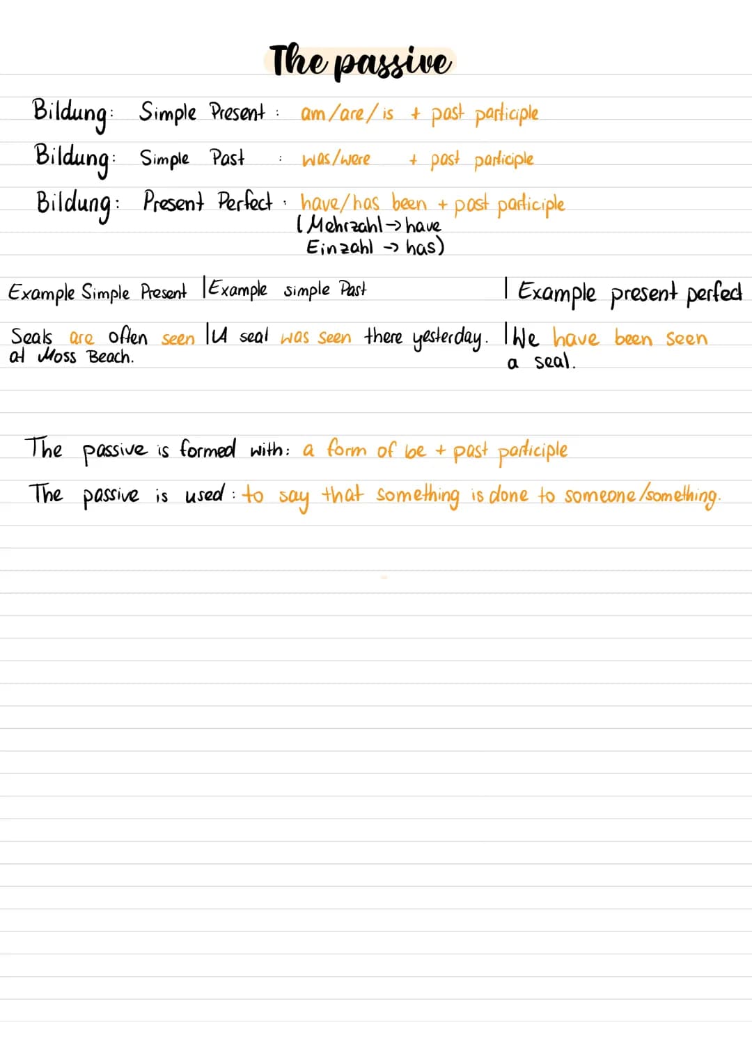 The passive
Bildung: Simple Present : am/ are/ is + past participle
Bildung: Simple Past
was/were
+ past participle
Bildung: Present Perfect