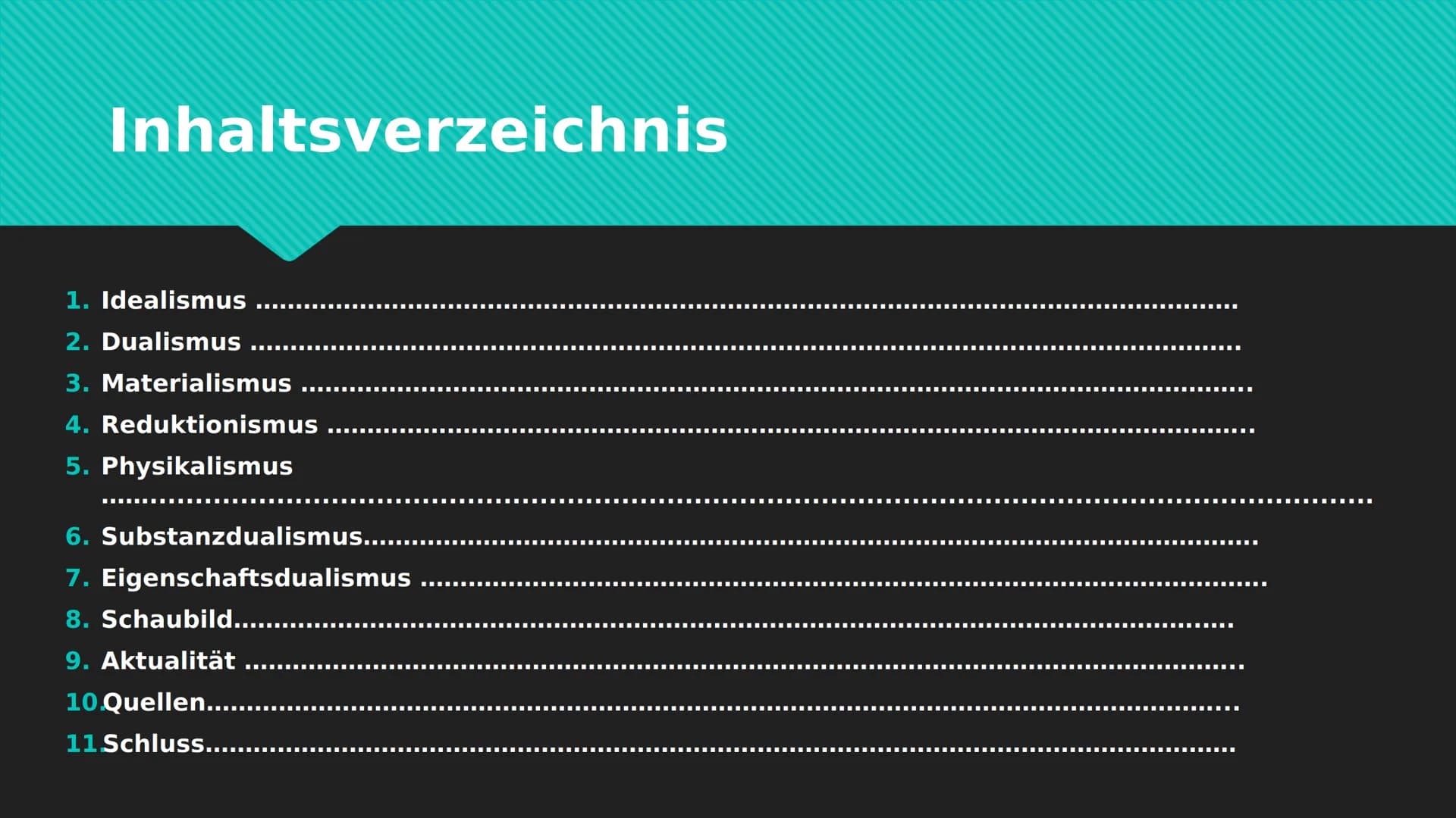 Begriffe der Leib-Seele-
Problematik Inhaltsverzeichnis
1. Idealismus
2. Dualismus
3. Materialismus
4. Reduktionismus
5. Physikalismus
6. Su