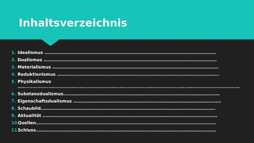 Begriffe der Leib-Seele-
Problematik Inhaltsverzeichnis
1. Idealismus
2. Dualismus
3. Materialismus
4. Reduktionismus
5. Physikalismus
6. Su