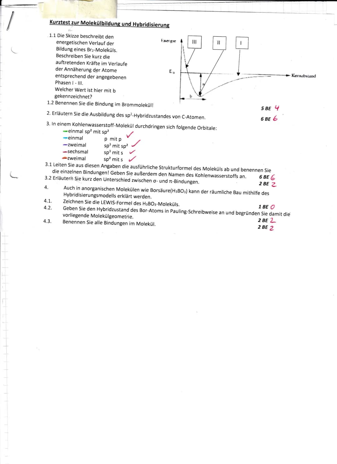 Kurztest zur Molekülbildung und Hybridisierung
1.1 Die Skizze beschreibt den
energetischen Verlauf der
Bildung eines Br2-Moleküls.
Beschreib