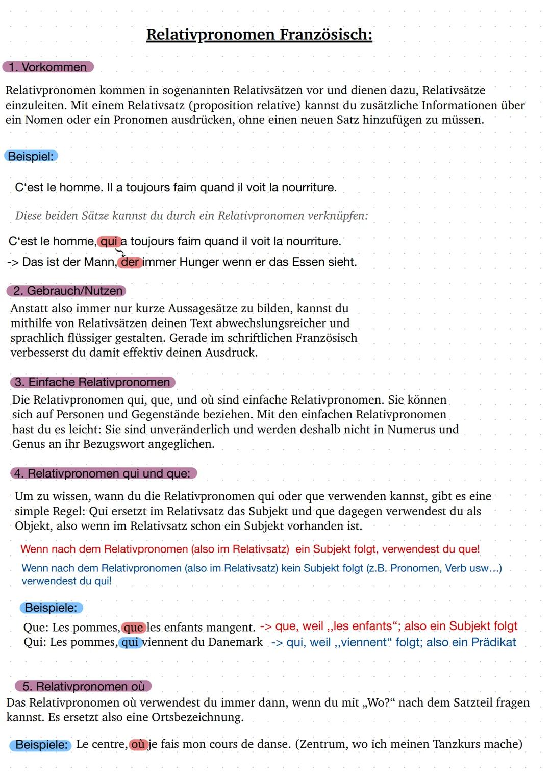 Relativpronomen Französisch:
1. Vorkommen
Relativpronomen kommen in sogenannten Relativsätzen vor und dienen dazu, Relativsätze
einzuleiten.