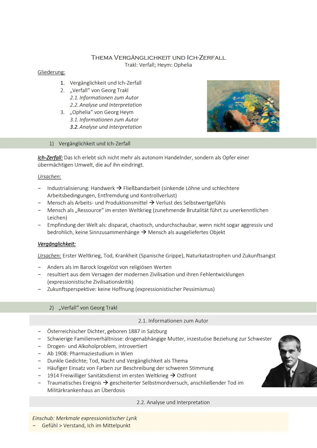 # THEMA VERGÄNGLICHKEIT UND ICH-ZERFALL
Trakl: Verfall; Heym: Ophelia

# Gliederung:
1. Vergänglichkeit und Ich-Zerfall
2. „Verfall" von Geo