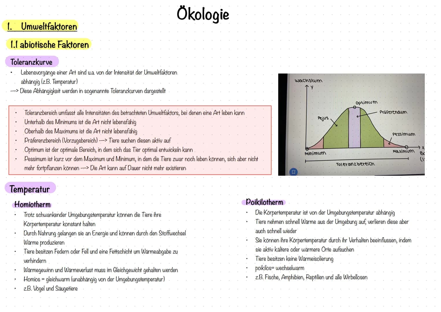 1. Umweltfaktoren
1.1 abiotische Faktoren
Toleranzkurve
Lebensvorgänge einer Art sind u.a. von der Intensität der Umweltfaktoren.
abhängig (