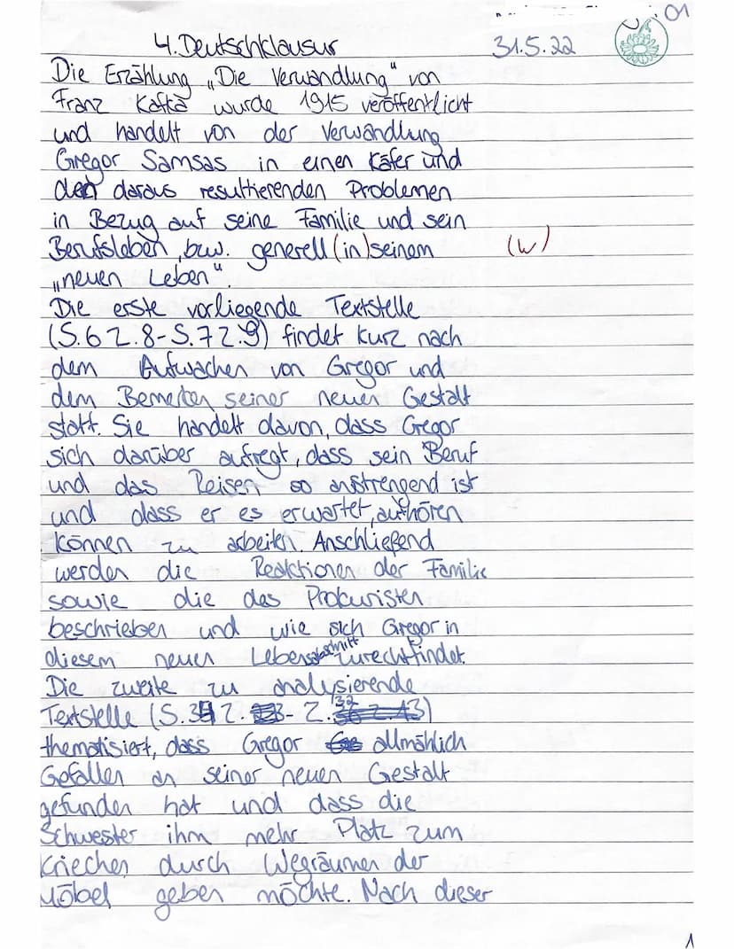 SymmaMITRITT COU
Deutsch Q1,2-G91
Jy
1
Thema: Franz Kafka: Die Verwandlung
Aufgabenstellung:
48
1. Analysieren Sie die vorliegenden Auszüge 