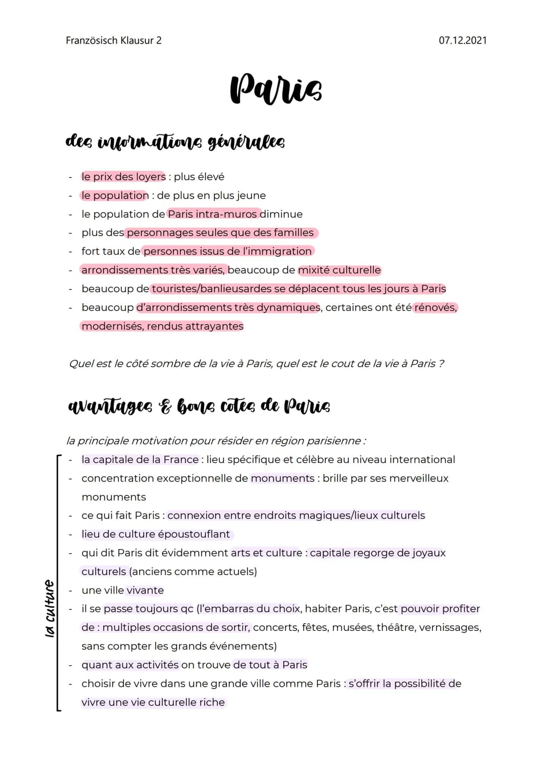 la culture
Französisch Klausur 2
Paris
des informations générales
07.12.2021
le prix des loyers : plus élevé
le population de plus en plus j