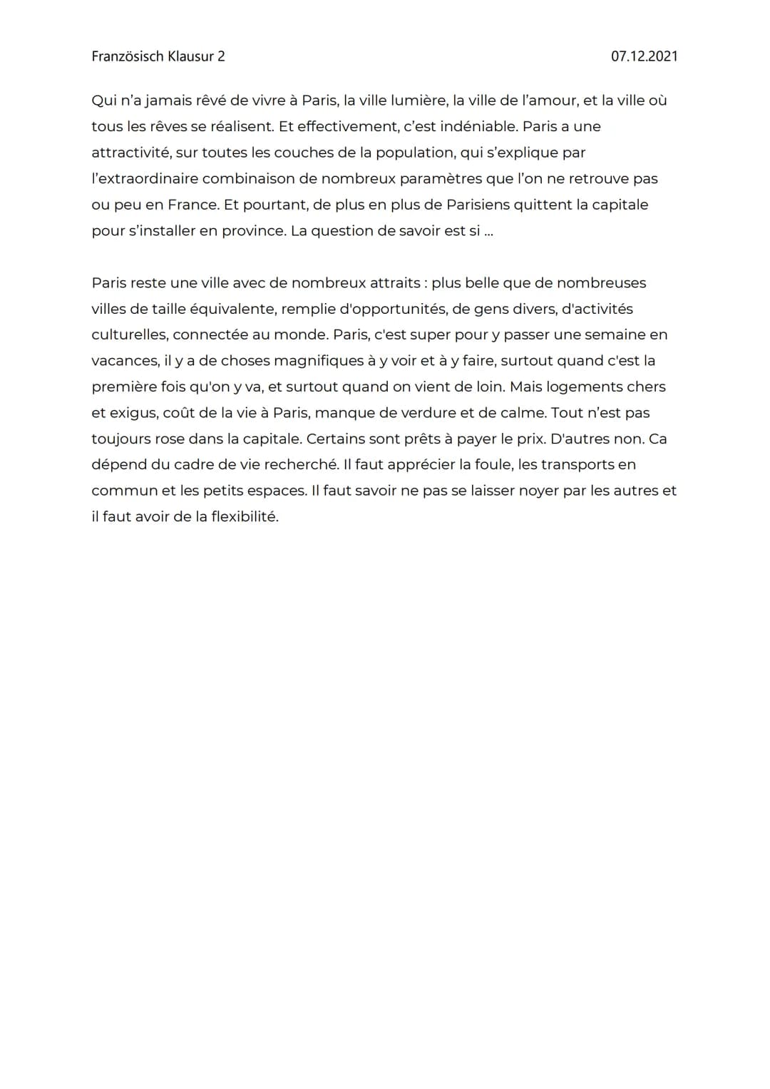 la culture
Französisch Klausur 2
Paris
des informations générales
07.12.2021
le prix des loyers : plus élevé
le population de plus en plus j