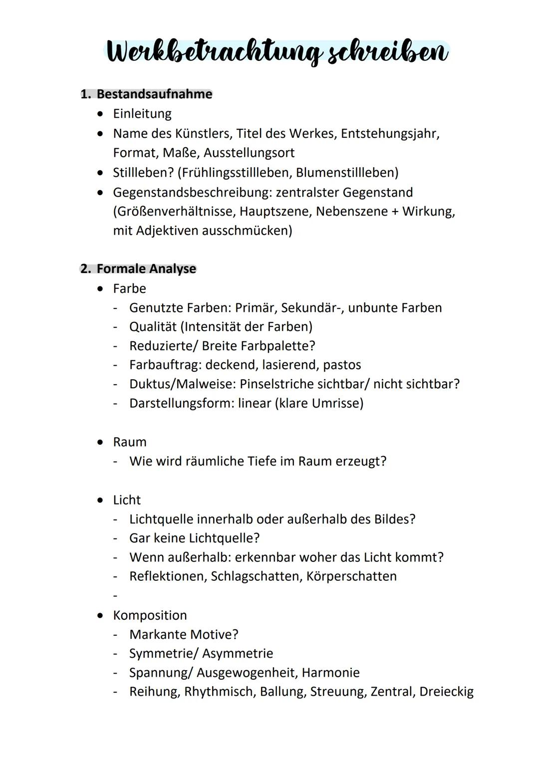 Werkbetrachtung schreiben
1. Bestandsaufnahme
• Einleitung
• Name des Künstlers, Titel des Werkes, Entstehungsjahr,
Format, Maße, Ausstellun