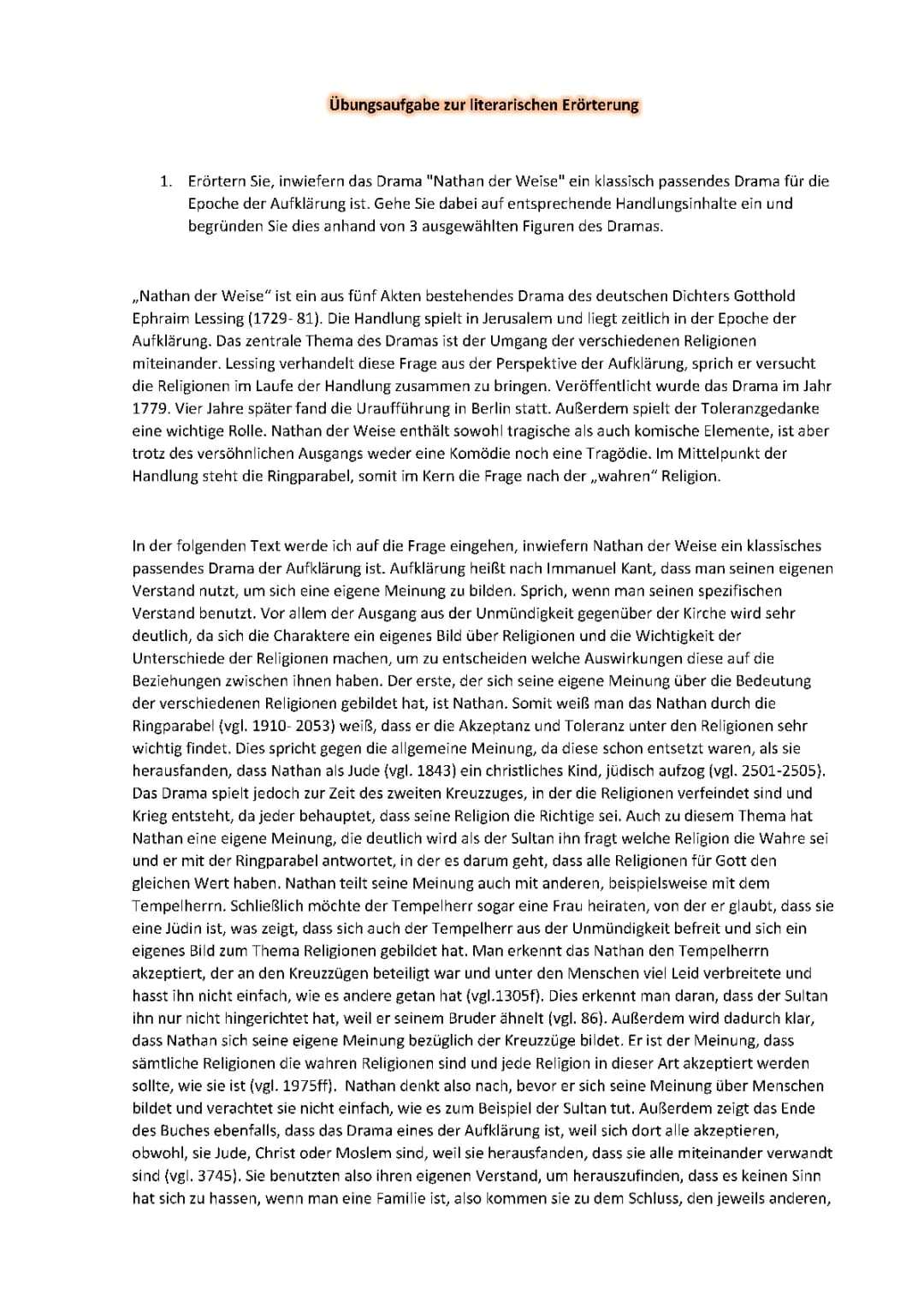 Nathan der Weise Erörterung - Aufklärung Merkmale, Ringparabel und Toleranz