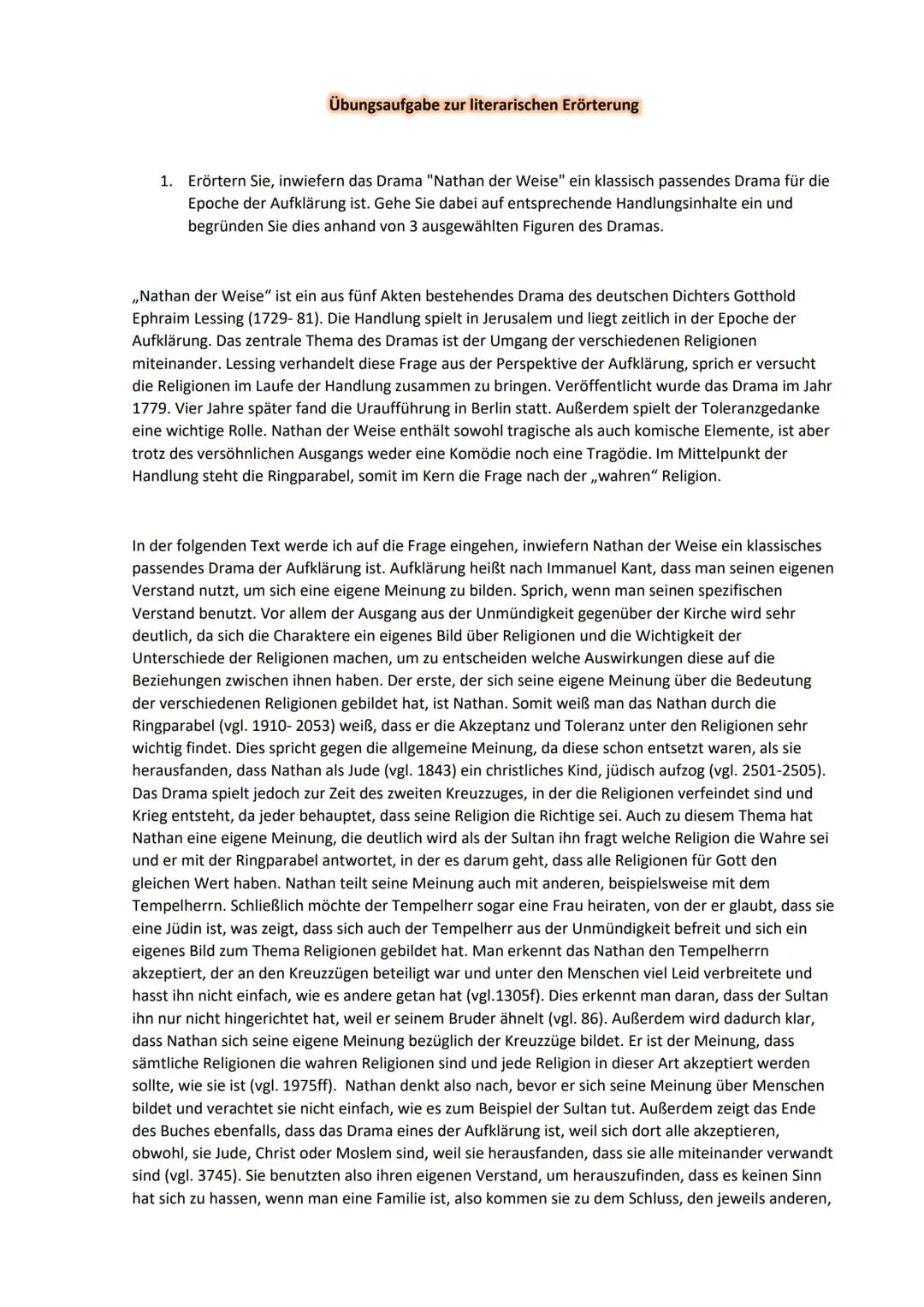 Übungsaufgabe zur literarischen Erörterung
1. Erörtern Sie, inwiefern das Drama "Nathan der Weise" ein klassisch passendes Drama für die
Epo