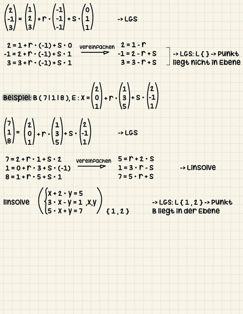 Parameterform
E: X = a
ortsvektor
Ebenen im Raum
●
b
2-3
+ S
Stützvektor
●
tu
さ
spannvektoren
0-1 /1 -1
3-2
4-3/
Ebenengleichung aufstellen
