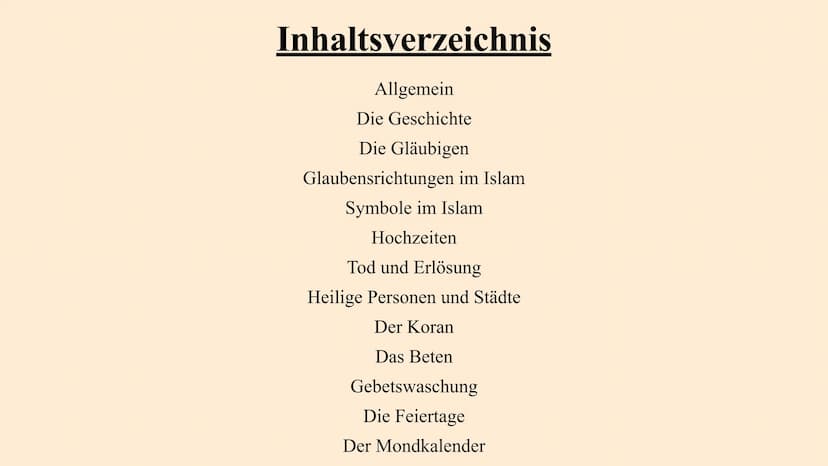IM
Der Islam Inhaltsverzeichnis
Allgemein
Die Geschichte
Die Gläubigen
Glaubensrichtungen im Islam
Symbole im Islam
Hochzeiten
Tod und Erlös