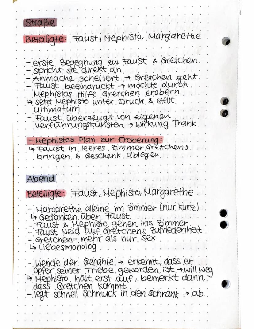  Straße
Beteiligte: Fausti Mephisto, Margarethe
erste Begegnung zw. Faust & Gretchen.
spricht sie direkt an
Anmache scheitert → Gretchen geh
