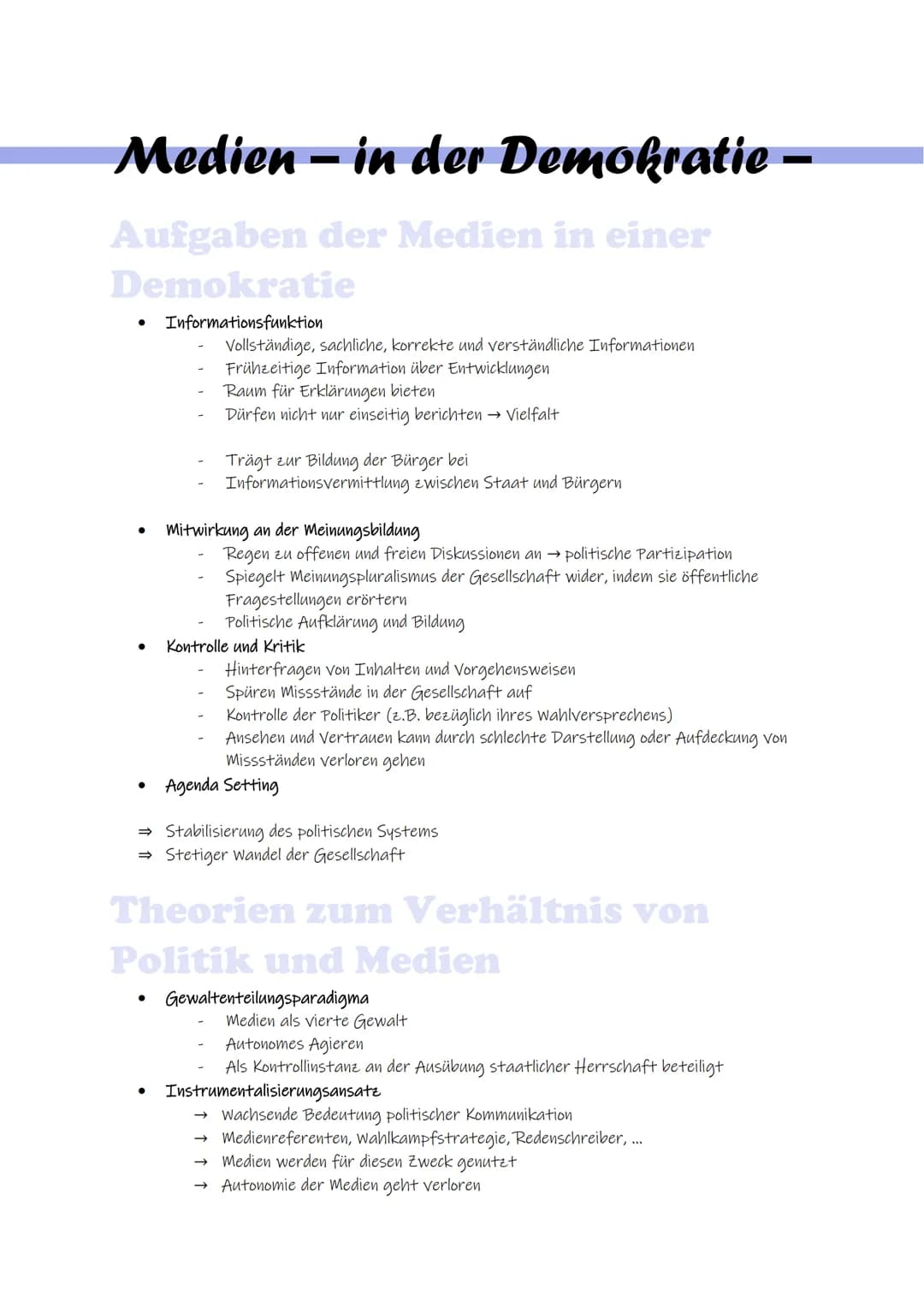 Medien- in der Demokratie -
Aufgaben der Medien in einer
Demokratie
Informationsfunktion
●
●
Vollständige, sachliche, korrekte und verständl
