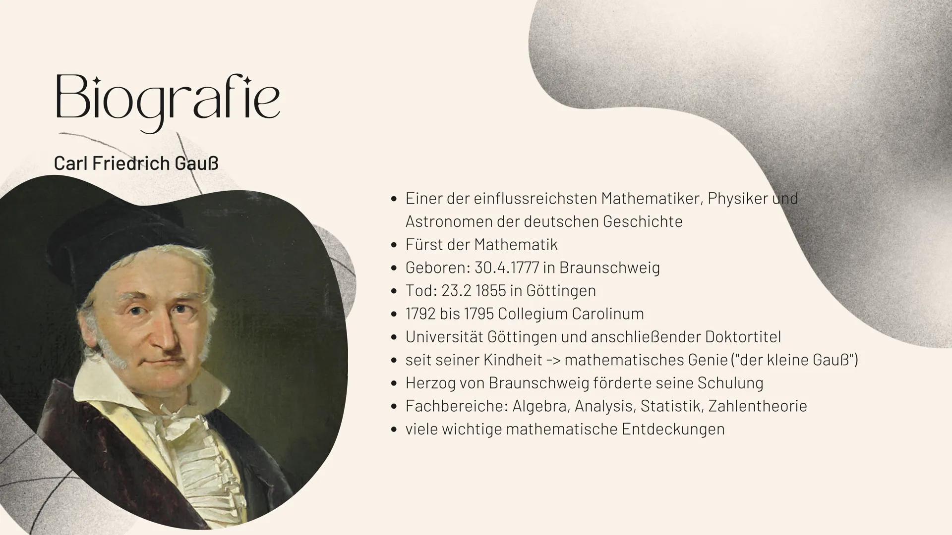 # GAUSSSCHE
# GLOCKENKURVE

MSS 13 Inhalisverzeichnis

Biografie- Carl Friedrich Gauß
02

Gaußsche Normalverteilung
03

Eigenschaften
04

Ei