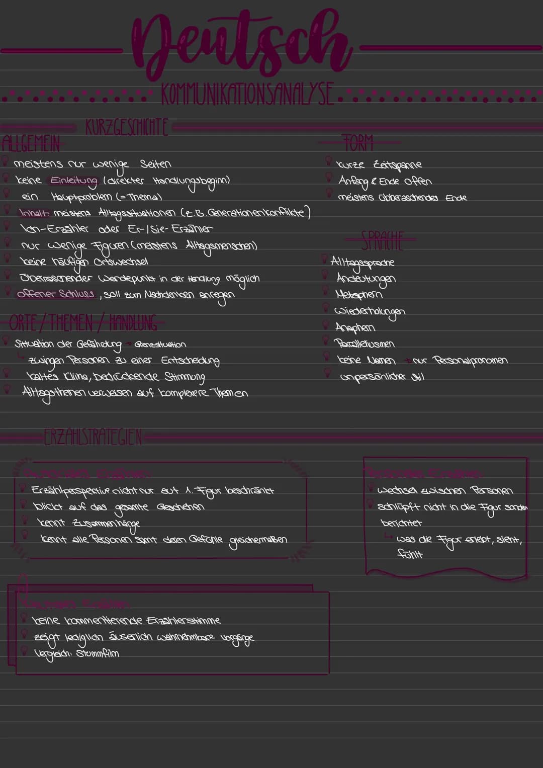 ALLGEMEIN
Deutsch
KOMMUNIKATIONSANALYSE.
KURZGESCHICHTE
meistens nur
wenige
keine Einleitung (direkter Handlungsbeginn)
Seiten
ein Hauptprob