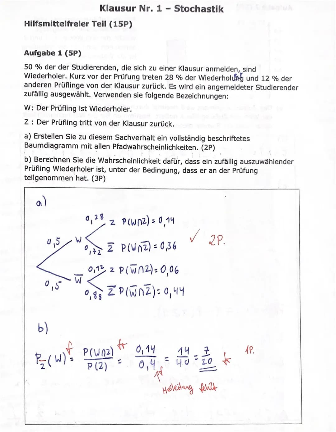 Hilfsmittelfreier Teil (15P)
Klausur Nr. 1
0,5
Aufgabe 1 (5P)
50 % der der Studierenden, die sich zu einer Klausur anmelden, sind
Wiederhole