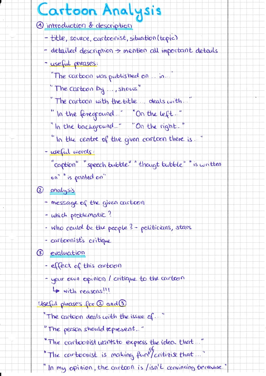 Cartoon Analysis
introduction & description
-title, source, cartoonist, situation (topic)
- detailed description → mention all important det