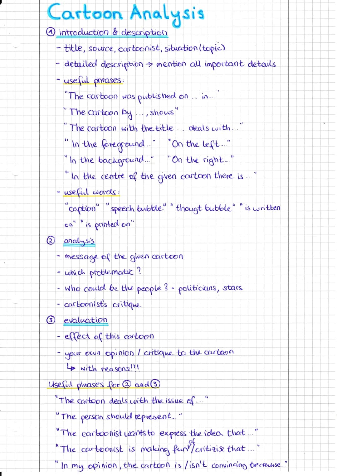 Cartoon Analysis
introduction & description
-title, source, cartoonist, situation (topic)
- detailed description → mention all important det