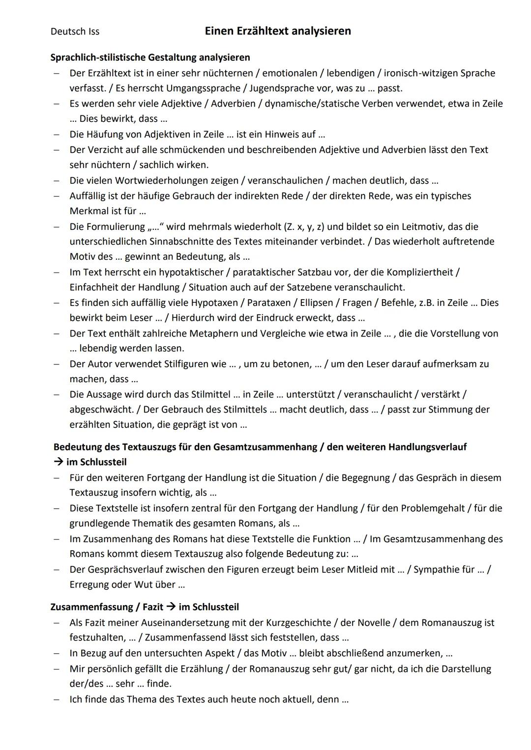 Deutsch Iss
Formulierungshilfen
Einen Erzähltext analysieren
Einleitung
Die Kurzgeschichte / Die Erzählung / Der Roman von ... stammt aus de