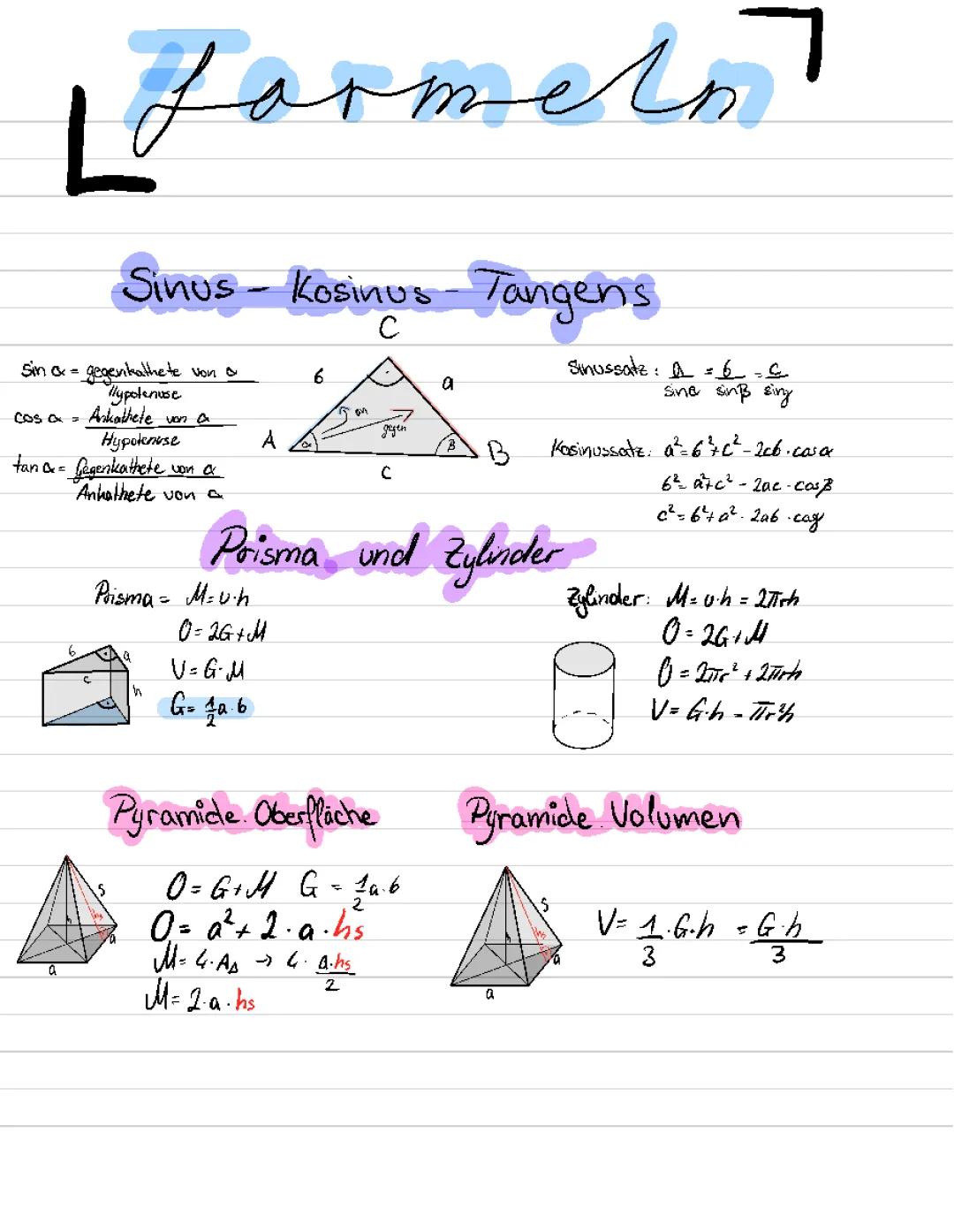 Formeln Sinus,Kosinus,tangens,Pyramiden,Zylinder etc...