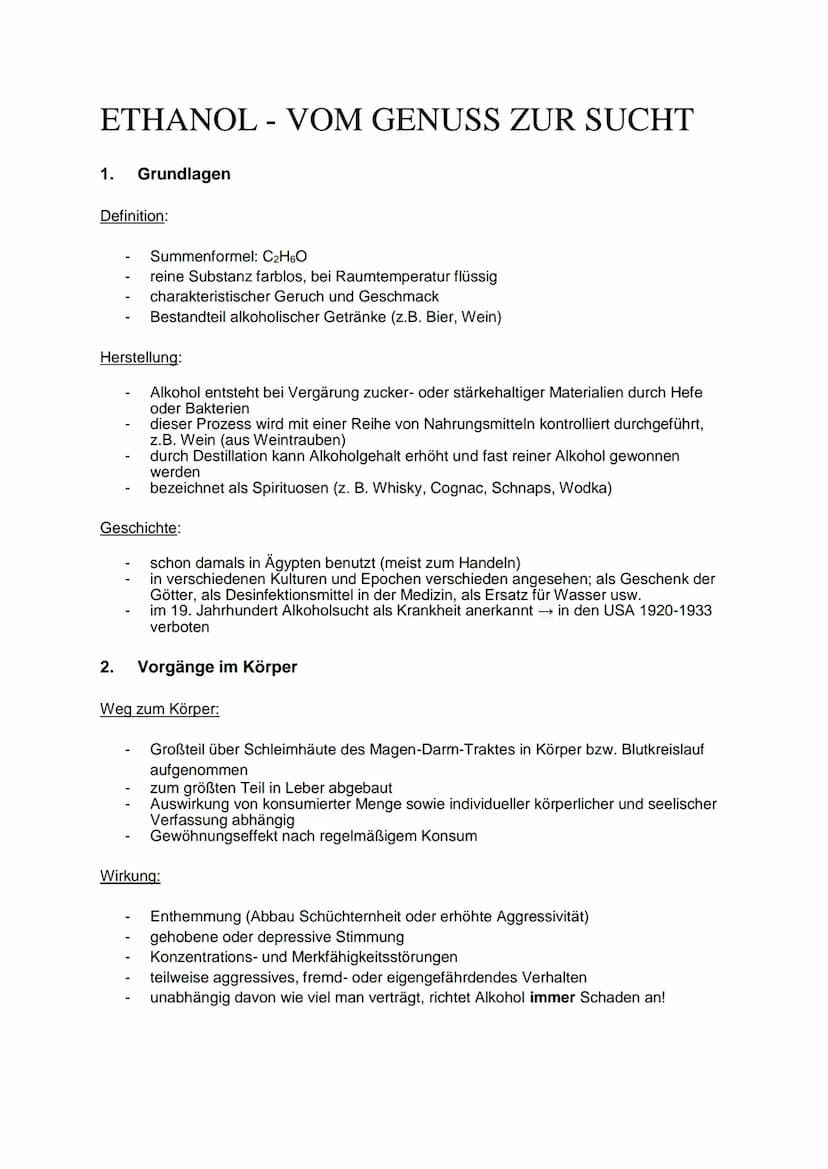 ETHANOL - VOM GENUSS ZUR SUCHT
1. Grundlagen
Definition:
Summenformel: C₂H6O
reine Substanz farblos, bei Raumtemperatur flüssig
charakterist