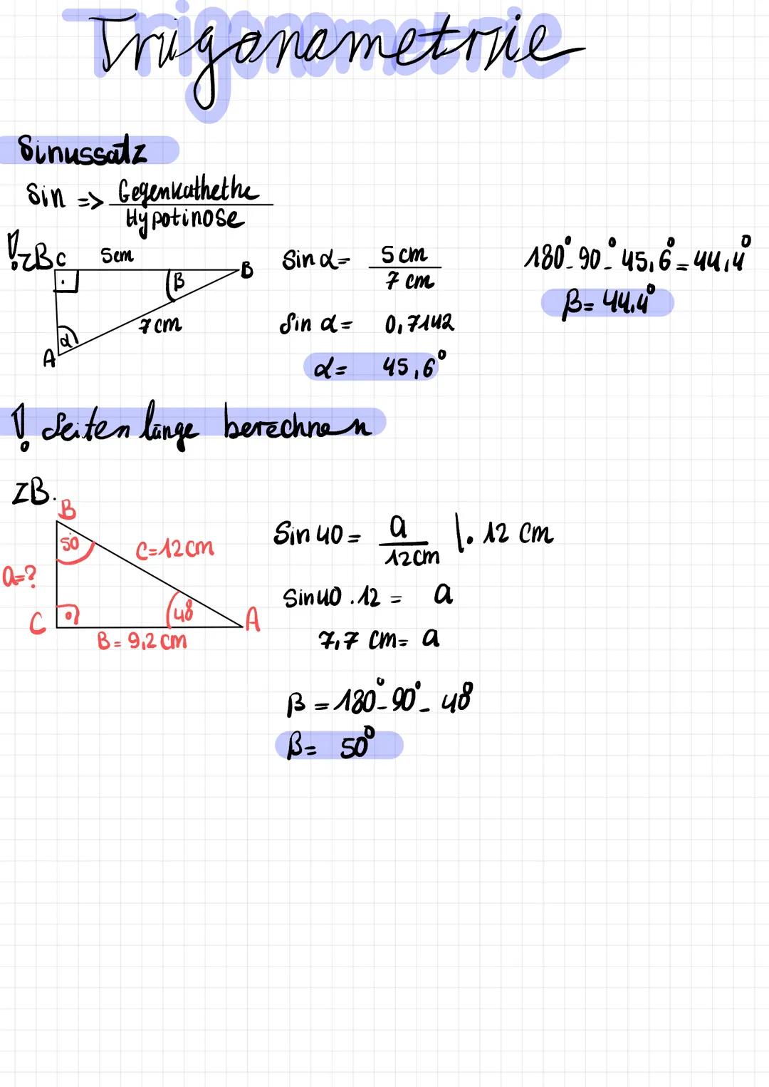 Trigonometrie
Sinussatz
Sin => Gegenkathethe
Hypotinose
V zB c
0=?
Sem
B
7cm
C=12cm
1 Seiten lange berechnen
ZB.
B
50
B-9,2 cm
Sind=
A
Sin d